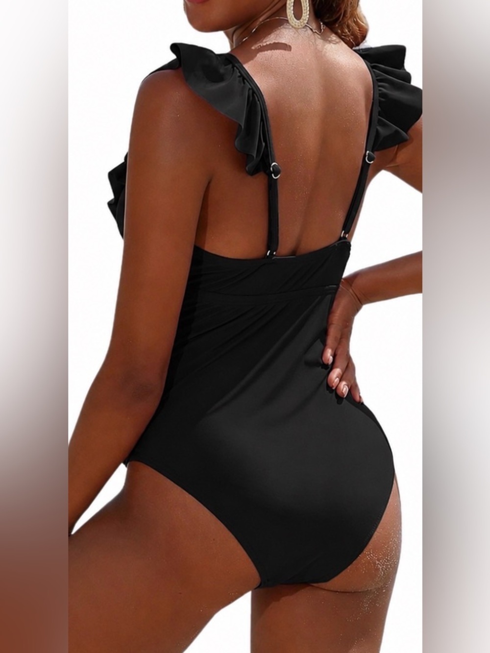 Edel Qual Women’s One Piece Black Swimsuit With Ruffle Accent And Ruched Sides L - Picture 2 of 15